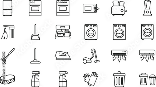 Household appliances and cleaning tools outline icons set including refrigerator, washing machine, vacuum cleaner, air conditioner and kitchen equipment, isolated vector collection