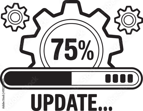 Progress bar indicating 75% completion with gears and the word 'UPDATE', symbolizing software update or process in progress.