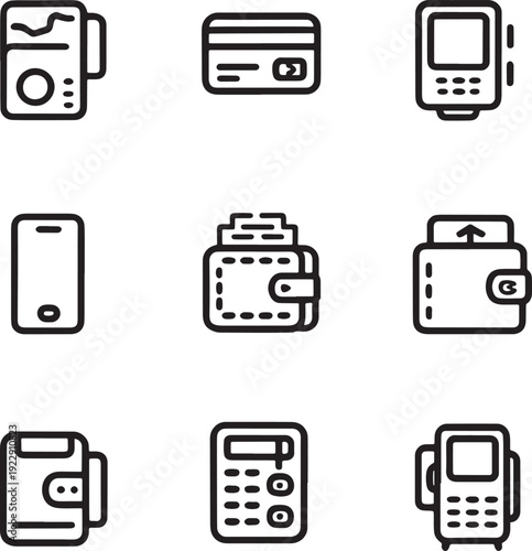 Set of minimalist line art icons representing payment and finance methods including credit cards, wallets, and mobile devices.