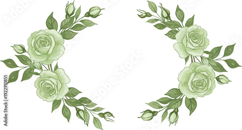 Green floral wreath frame with roses and leaves on white background