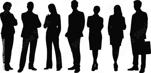 Silhouette business professionals, teamwork, collaboration, corporate diversity, office attire, briefcase, standing poses, unity, workplace concept, professional group, leadership