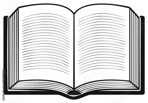 Open Book with Lined Pages, Reading Material, Black and White Illustration