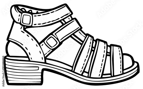 Contour drawing of a fashionable sandal with buckles, straps, and stacked heel for summer, footwear