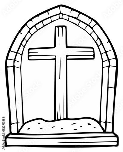 Christian Cross Symbol within Stone Archway and Mound Artistic Illustration