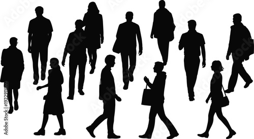 Silhouette group of people walking, diverse postures, urban crowd, individuality, fashion variation, human movement, lifestyle, city life, anonymity, design