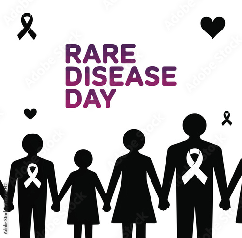 Family holding hands with ribbons for rare disease day awareness silhouettes de