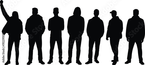 Silhouette group of people, casual attire, unity, diversity, protest gesture, solidarity, anonymity, standing poses, social concept, collective design