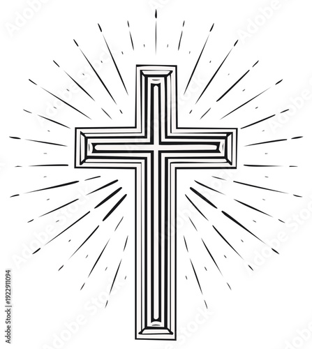 Stylized Christian Cross with Radiant Sunburst Effect in Black and White Outline
