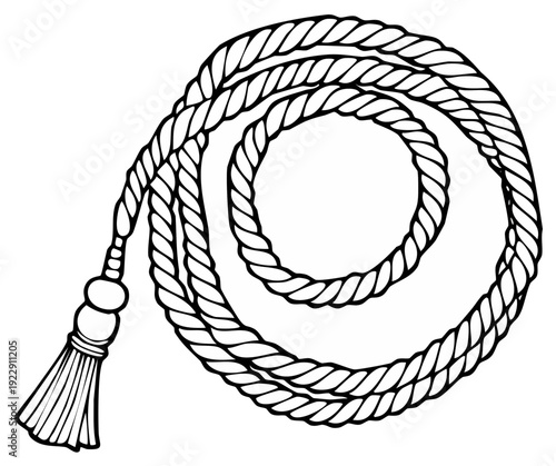 Elegant decorative coiled rope with ornate tassel in a classic black and white line art illustration style