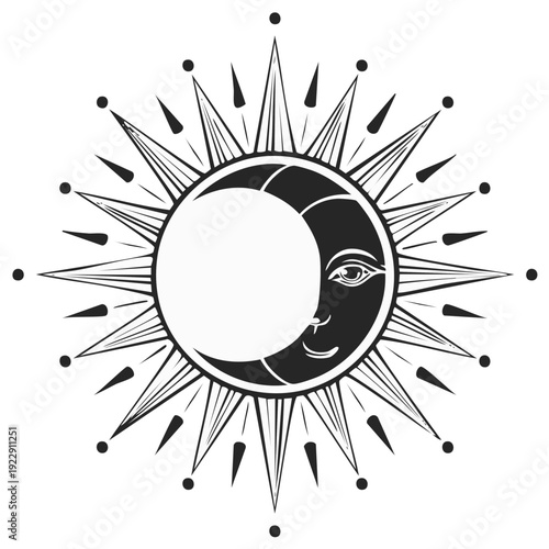 Stylized Sun and Moon Illustration with Face and Rays, Celestial Design, Black and White Artwork