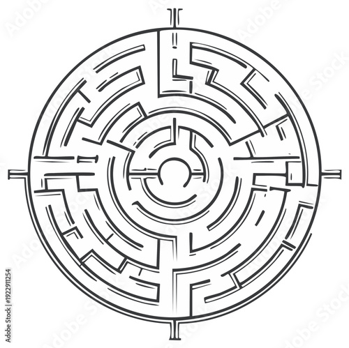 Intricate Hand-Drawn Maze Illustration, Circular Design, Puzzle Concept, Isolated on White