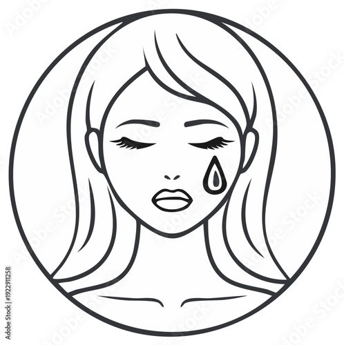 Line art illustration of a crying woman in a circle.