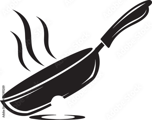 Frying Pan with Steam - Black and White Icon Illustration of Cooking