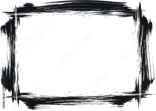 Abstract distressed rectangular frame with splattered ink accents and grungy texture for creative design overlays and artistic presentations