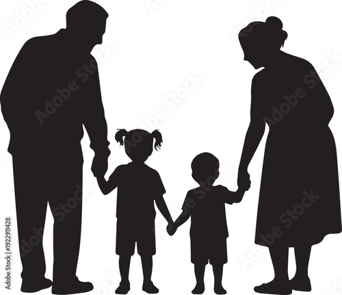 Family of four holding hands silhouette with man woman and two children