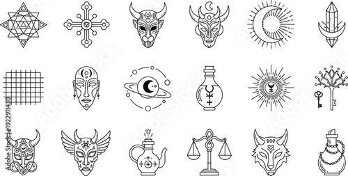 Mystic Esoteric Line Icon Set with Alchemy Symbols Celestial Elements Occult Masks Crystals Moon Sun and Magic Objects Outline Vector Illustration Collection Design