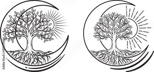 Tree of Life with Sun and Moon Crescent - Mystical Emblem Vector Art