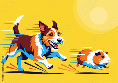 Dog chasing a guinea pig in a vibrant yellow background.