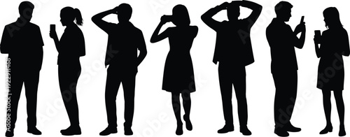 Silhouette people using smartphones, mobile devices, texting, browsing, photo taking, gestures, digital lifestyle, technology, communication, social media, connectivity