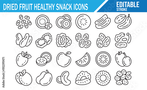 Dried Fruit Mix and Healthy Snack Line Icons, Vector Set
