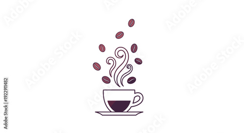 A minimalist illustration displays a white teacup and saucer with stylized purple-brown steam rising and coffee beans floating above.