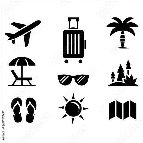 A comprehensive travel and summer icon set featuring black silhouette vector illustrations of a beach umbrella, palm tree, sun, and vacation symbols for holiday web design