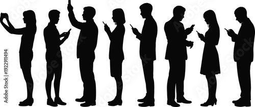 Silhouette people using smartphones, mobile technology, texting, browsing, taking photos, modern lifestyle, digital dependence, communication, social media, connectivity