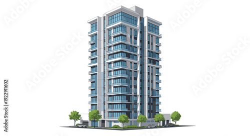 A modern multi-story white building with blue-tinted windows and balconies is surrounded by small green trees and cars.