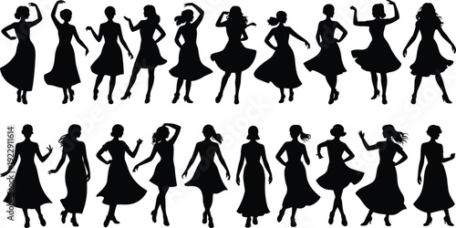 Silhouette women dancing, expressive poses, graceful movement, fashion variation, gesture art, dynamic posture, elegance, individuality, performance, visual design