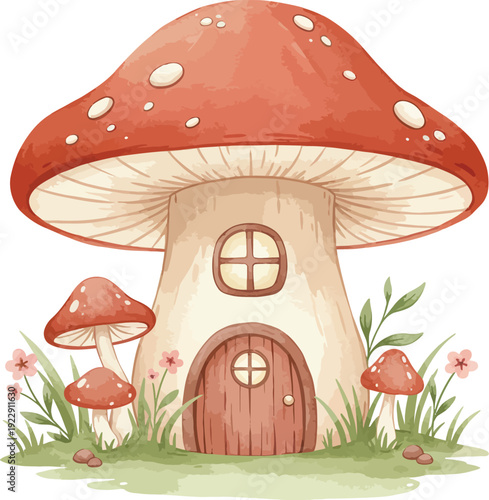 Whimsical illustration of a mushroom house with flowers and grass in a fantasy setting