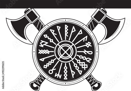 Viking Shield and Crossed Axes with Runes, Symbol of Strength and Ancient Warfare