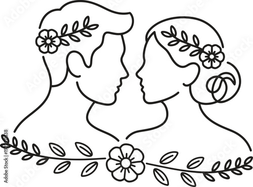A man and woman with floral wreaths are embracing in one line art.