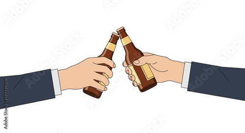 Two hands in dark blue suit sleeves are clinking two brown beer bottles with blank labels on a plain white background.