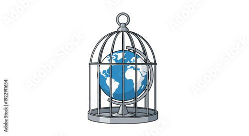 A blue and green world globe is confined within a closed silver metal birdcage on a clean white background.