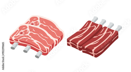 Two distinct groupings of raw red meat ribs, varying in bone prominence and meat thickness, are displayed on a white background.