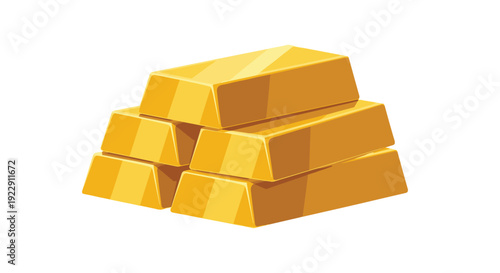 A neatly stacked pyramid of six shiny, rectangular gold bars with reflective surfaces is presented on a pristine white background.