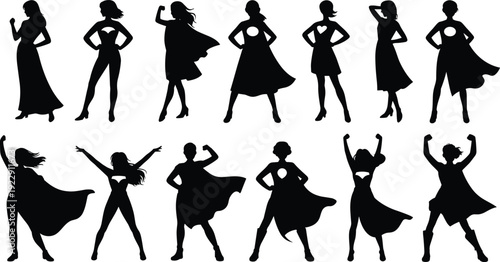 Silhouette women superheroes, confident stances, capes flowing, power poses, strength, empowerment, heroism, female figures, unity, courage, resilience, inspiration