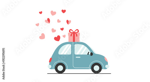 A charming light blue cartoon car with a red gift box on its roof is surrounded by floating red and pink hearts.