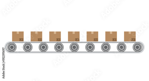 Seven identical brown cardboard boxes with shipping symbols are moving sequentially on a long gray conveyor belt.