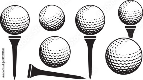 Set: Golfball mit Tee in verschiedenen Varianten / schwarz-weiß / Vektor / Icon