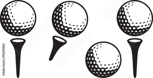 Set: Golfball mit Tee in verschiedenen Varianten / schwarz-weiß / Vektor / Icon