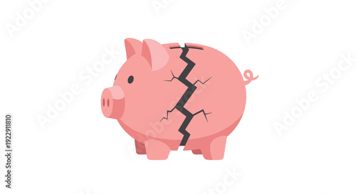 A light pink piggy bank, displaying a large, jagged crack down its middle, stands on a clean white background.