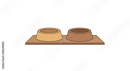 A pair of empty pet food bowls, one light brown and one dark brown, are set into a rectangular wooden stand on a plain white background.