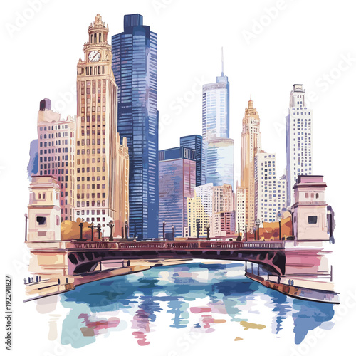 Chicago. Chicago hand drawn watercolor illustration
