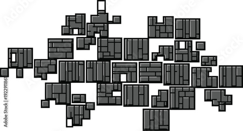 An intricate layout of dark grey, textured, rectangular stone tiles creates a complex, fragmented mosaic suitable for digital backgrounds or game maps.