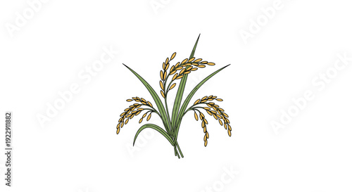 A compact bundle of rice stalks, featuring golden grains and lush green leaves, is depicted in a stylized illustration against a clean white background.