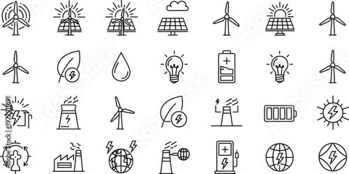 Renewable energy and power generation outline icons set featuring wind turbines, solar panels, battery storage, electric charging and eco technology isolated vector collection