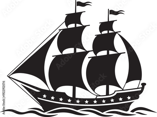 Majestic Black Silhouette of a Historical Sailing Ship with Full Sails on Ocean Waves, Vintage Vector Graphic