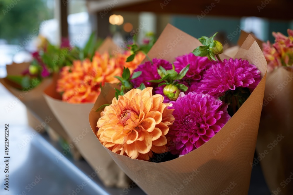 Obraz premium Vibrant flower bouquets with orange and purple dahlias in brown paper wrapping
