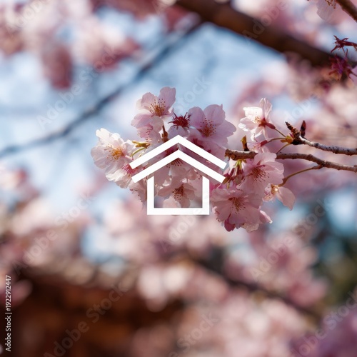 Springtime blossom with home symbol overlay on cherry tree